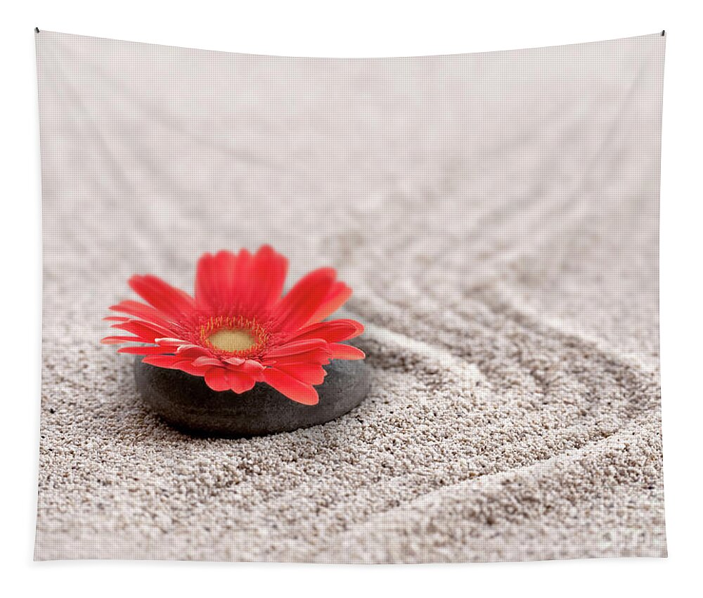 Zen Tapestry featuring the photograph Zen sand garden and flower by Delphimages Photo Creations