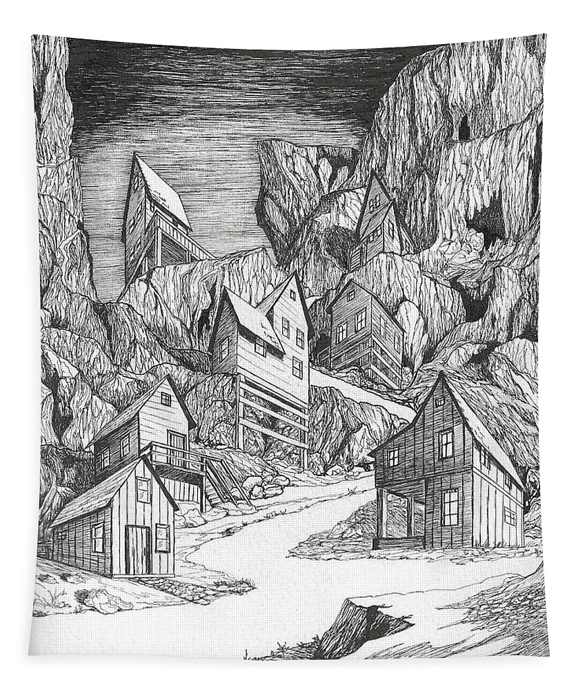 Old Tapestry featuring the drawing Miner's Village by Loxi Sibley