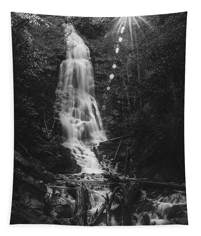 Mingo Falls Black And White Tapestry featuring the photograph Mingo Falls Sunburst Black And White by Dan Sproul