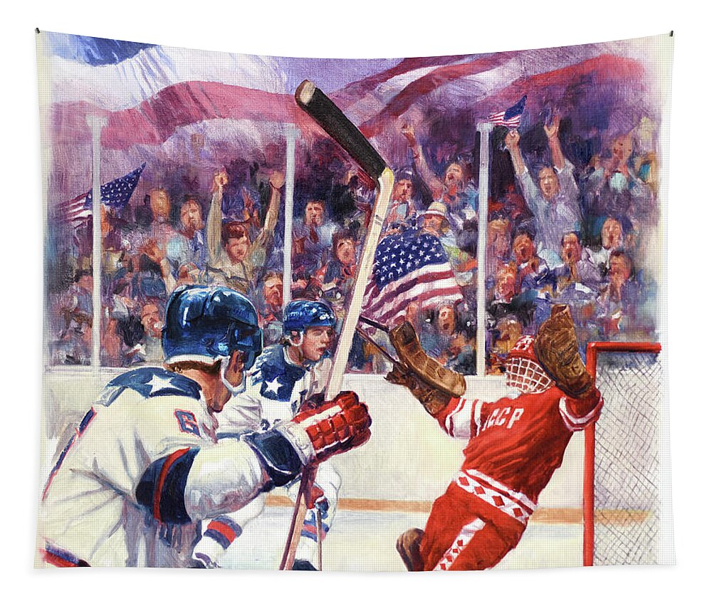 Dennis Lyall Tapestry featuring the painting Miracle On Ice - USA Olympic Hockey Wins Over USSR by Dennis Lyall