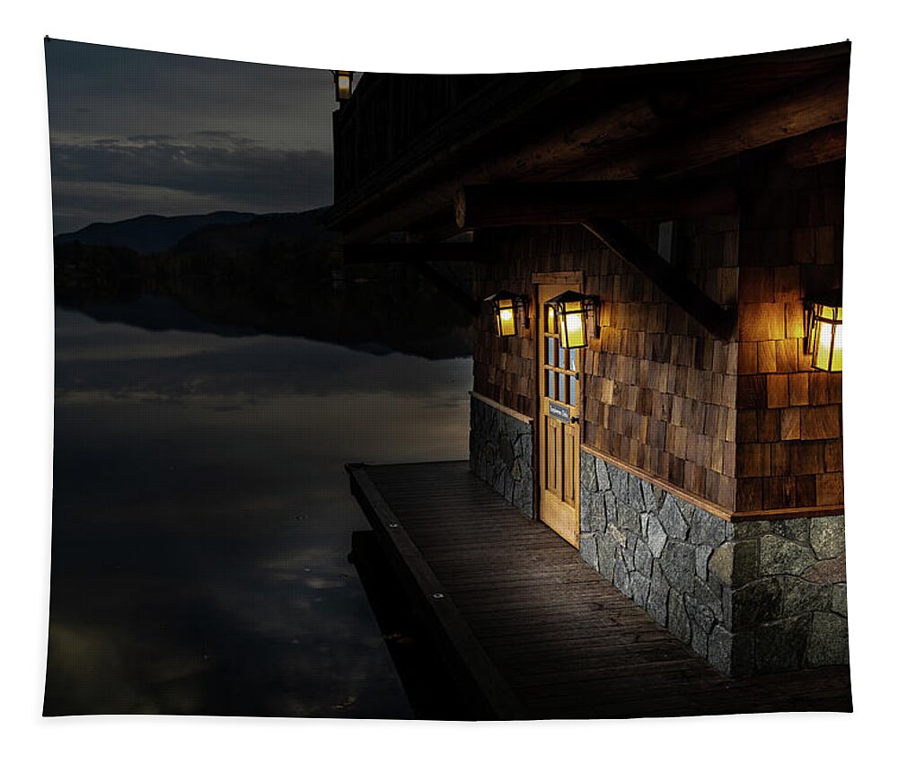Lake Placid Tapestry featuring the photograph Mirror Lake Boat House by Dave Niedbala