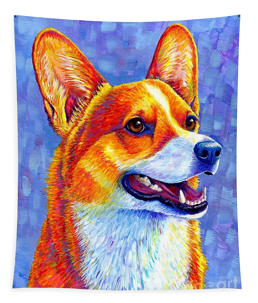 Corgi Tapestry featuring the painting Mischief Maker - Colorful Pembroke Welsh Corgi Dog by Rebecca Wang