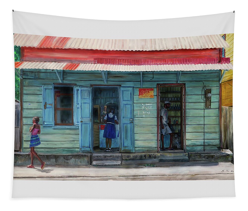 Caribbean Tapestry featuring the painting Miss Nora's Shop 2 by Jonathan Gladding