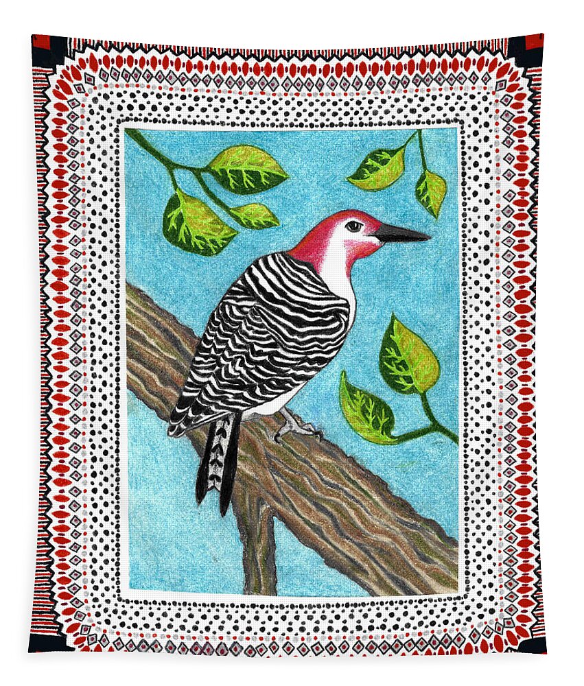 Red Headed Woodpecker Tapestry featuring the drawing Mississippi Woodpecker by Lorena Cassady