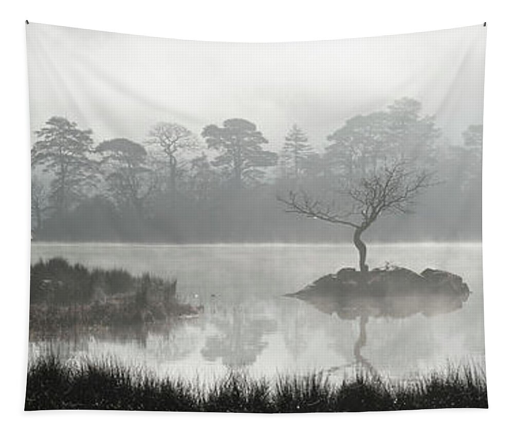 Panorama Tapestry featuring the photograph Misty rydal water lake district by Sonny Ryse