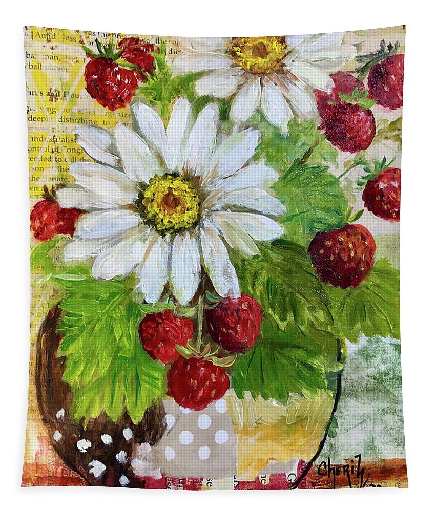 Strawberry Painting Tapestry featuring the painting Mixed Media Daisies And Strawberries by Cheri Wollenberg