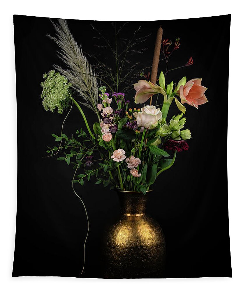Modern Still Life Tapestry featuring the photograph Modern Still Life Pink in gold by Marjolein Van Middelkoop