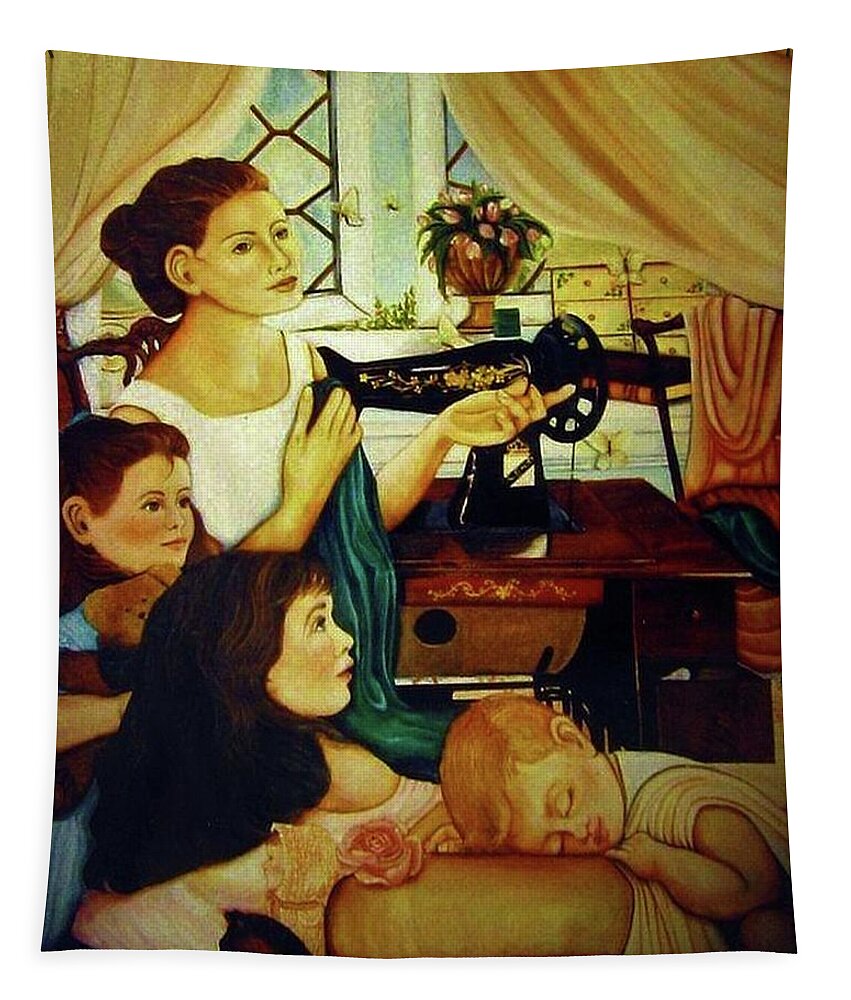 Sewing Room Tapestry featuring the painting Mom's sewing room by Dalgis Edelson