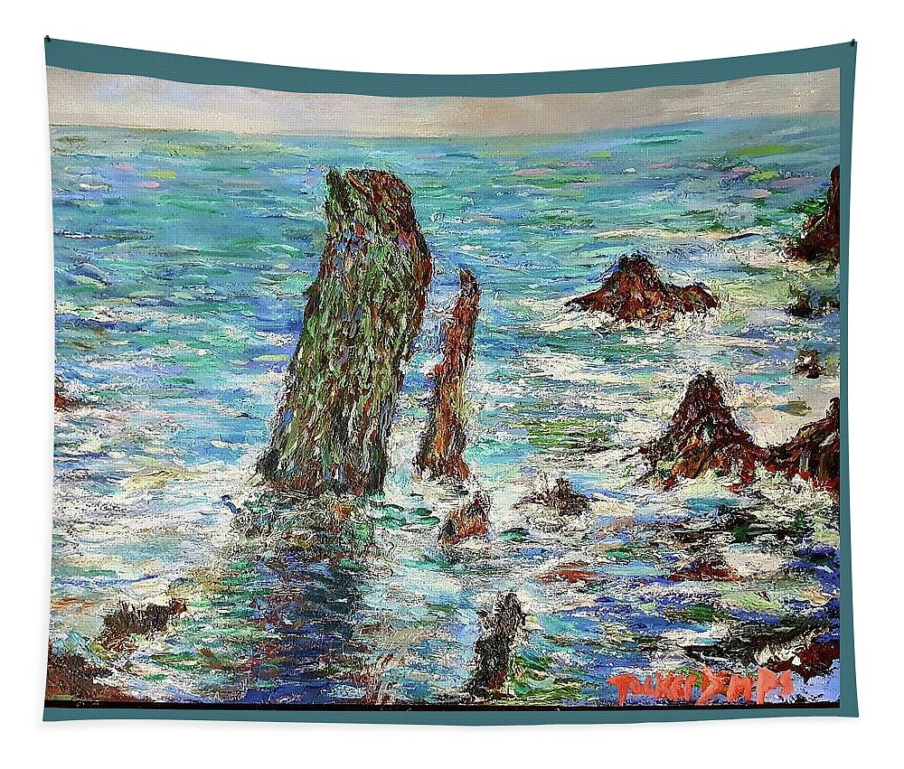Seascape Tapestry featuring the painting Monet's Pyramids by Julie TuckerDemps