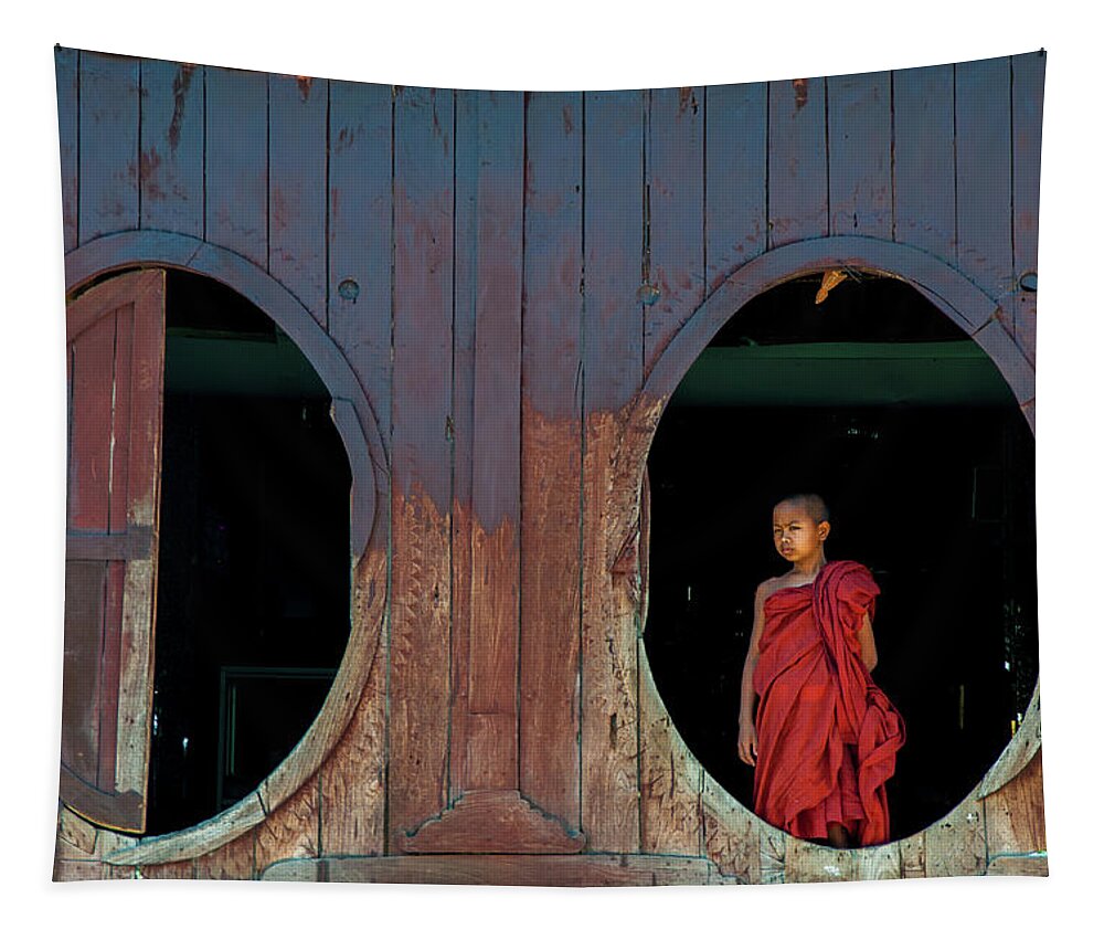 Monk Tapestry featuring the photograph Monk at Shwe Yan Pyay Monastery by Arj Munoz