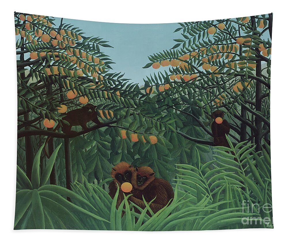 Monkeys In The Jungle Tapestry featuring the painting Monkeys in the Jungle, 1910 by Henri Rousseau