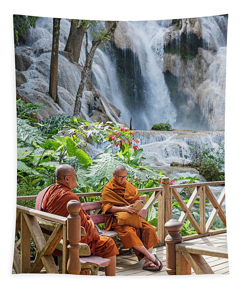 Kuang Si Tapestry featuring the photograph Monks at the Kuang Si Falls, Laos by Arterra Picture Library