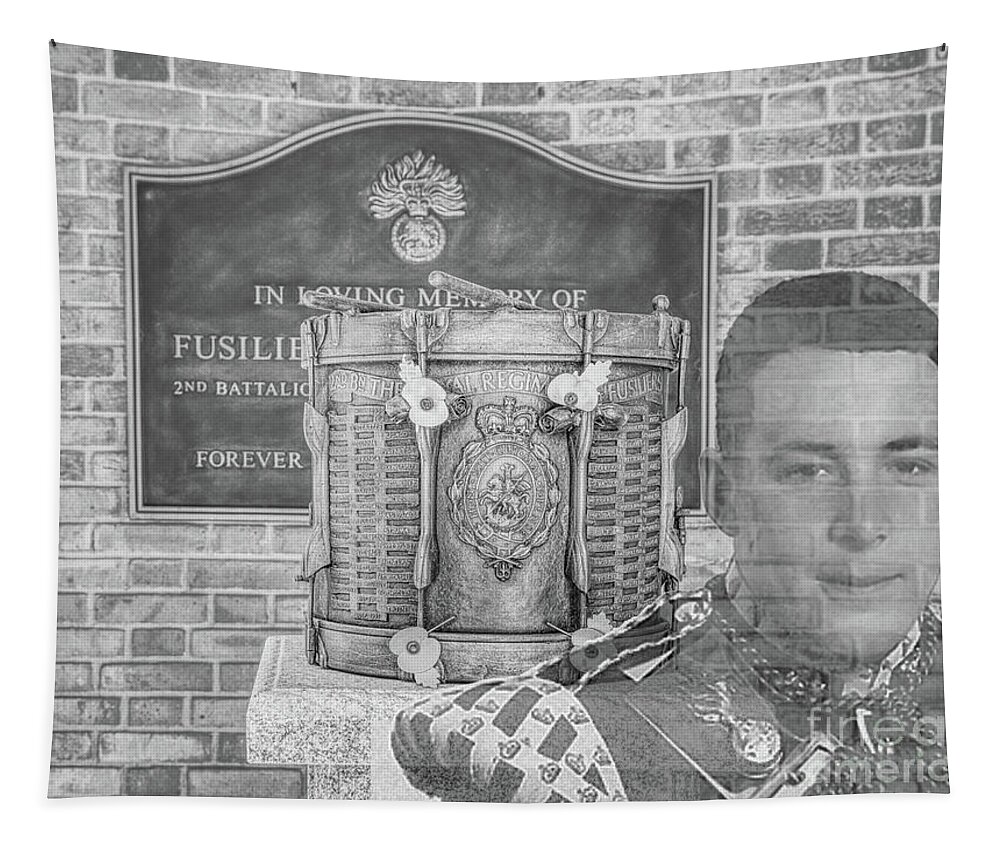 Monochrome Tapestry featuring the photograph Monochrome Lee Rigby memorial bronze drum and plaque Middleton, memorial garden by Pics By Tony