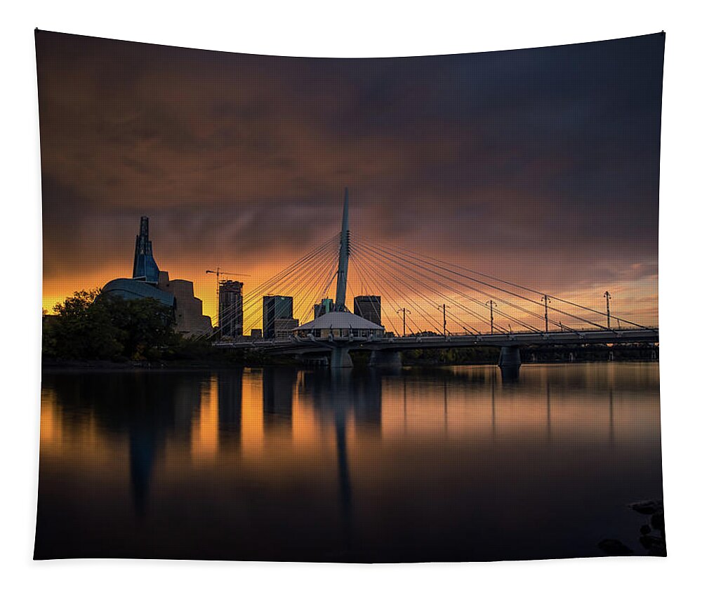 Winnipeg Tapestry featuring the photograph Moody skies clouding over the Winnipeg skyline by Jay Smith