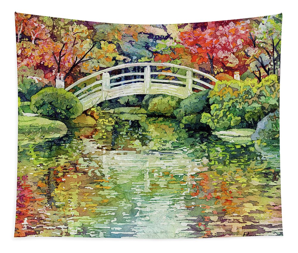 Moon Bridge Tapestry featuring the painting Moon Bridge - Japanese Garden by Hailey E Herrera