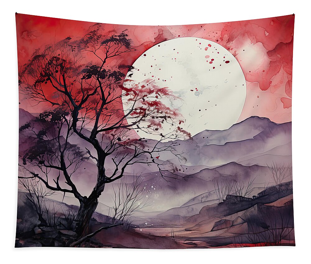 Gray And Red Art Tapestry featuring the painting Moon Divine - Autumn Moonrise by Lourry Legarde