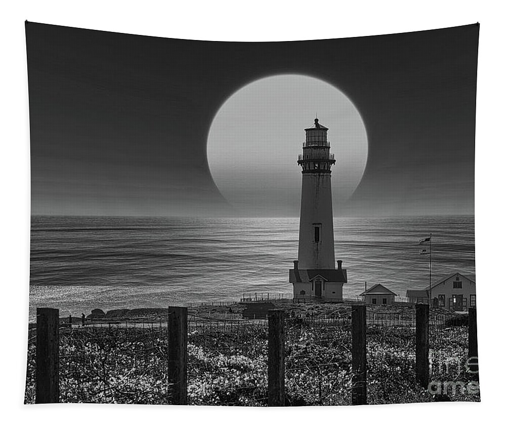 California Tapestry featuring the photograph Moon Epic Pigeon point lighthouse BW California by Chuck Kuhn