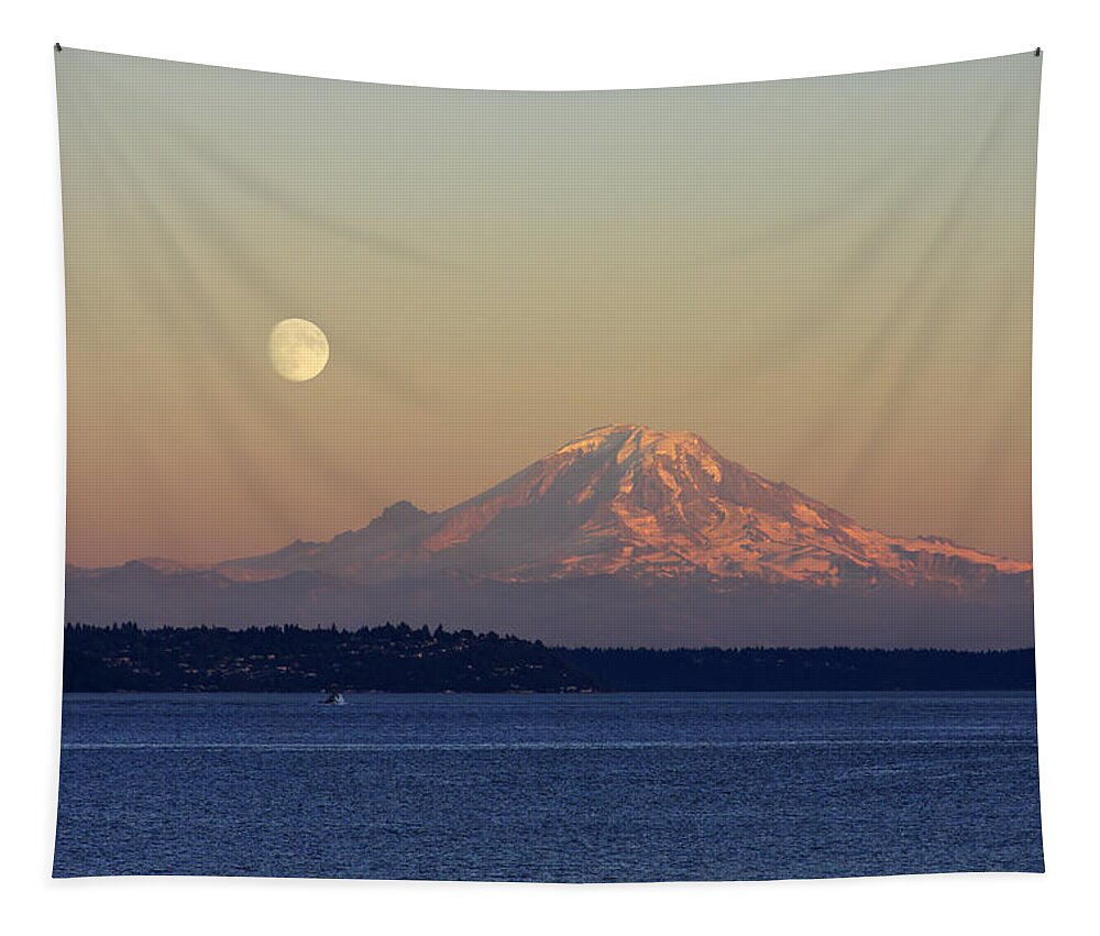 3scape Tapestry featuring the photograph Moon Over Rainier by Adam Romanowicz