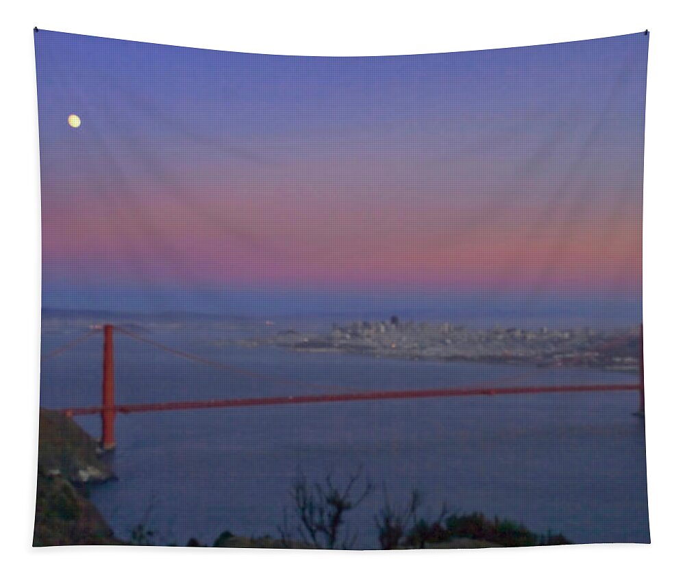 The Buena Vista Tapestry featuring the photograph Moon Over The Golden Gate by Tom Singleton