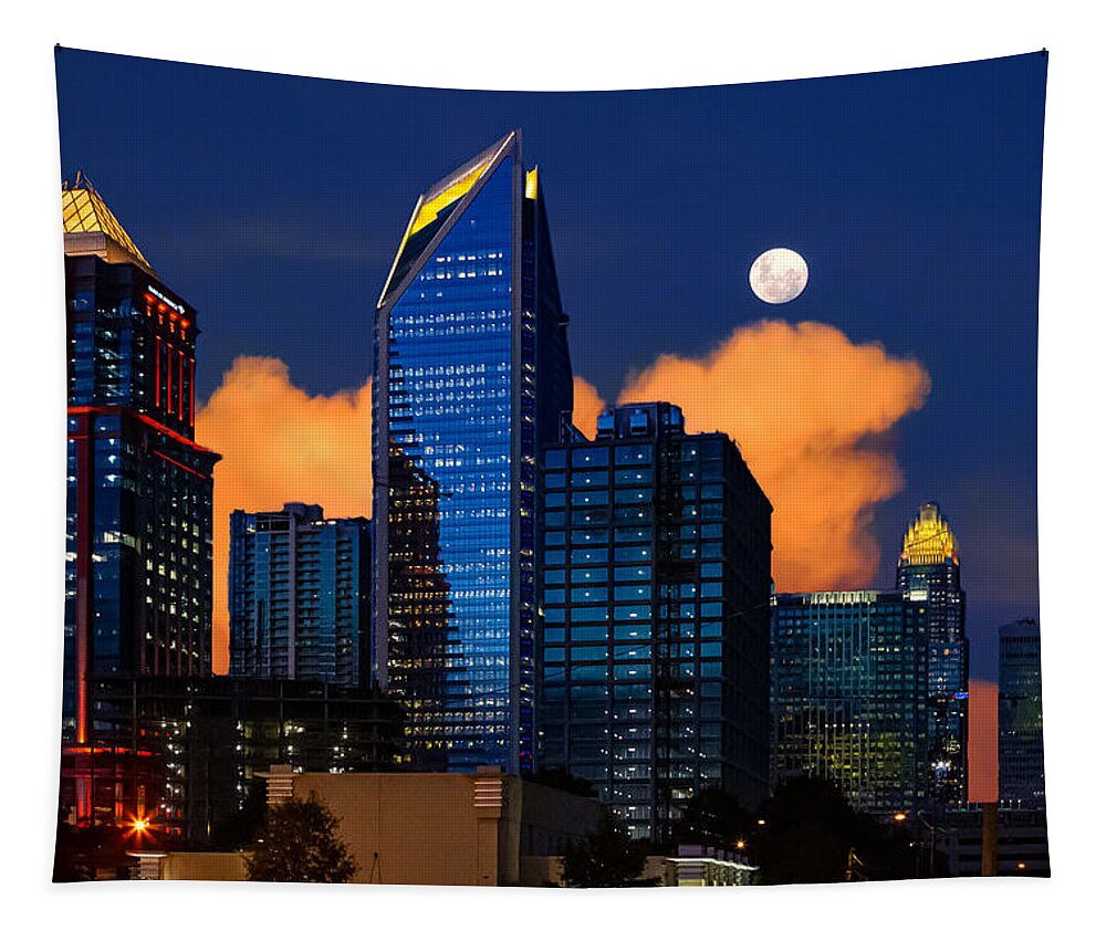 Charlotte Tapestry featuring the digital art Moon over Uptown Charlotte by SnapHappy Photos