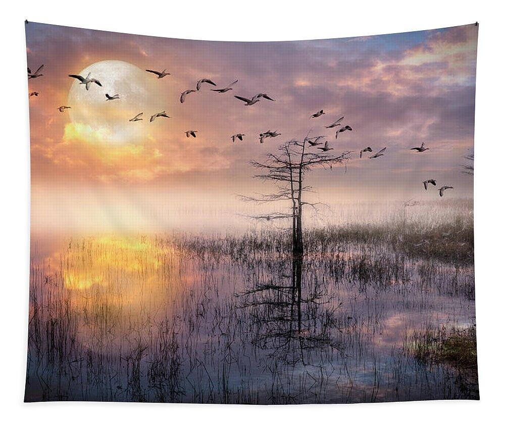 Birds Tapestry featuring the photograph Moon Rise Flight by Debra and Dave Vanderlaan