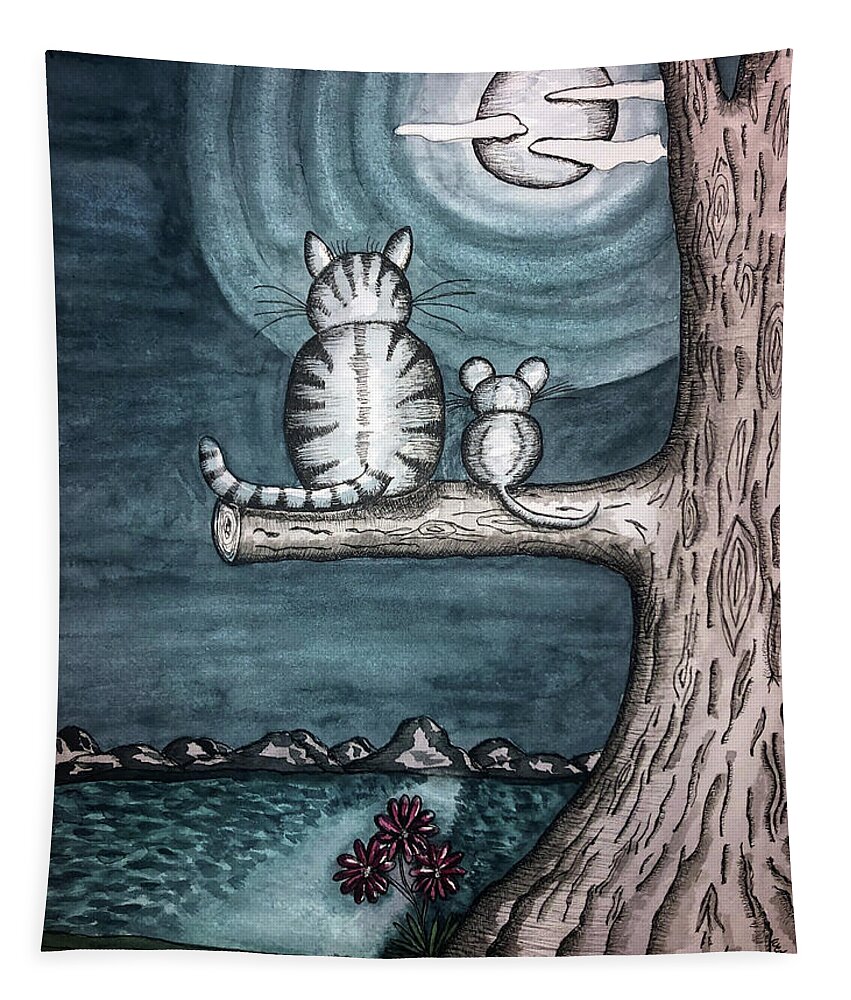 Landscape Tapestry featuring the painting Moonlight Cat and Mouse by Christina Wedberg