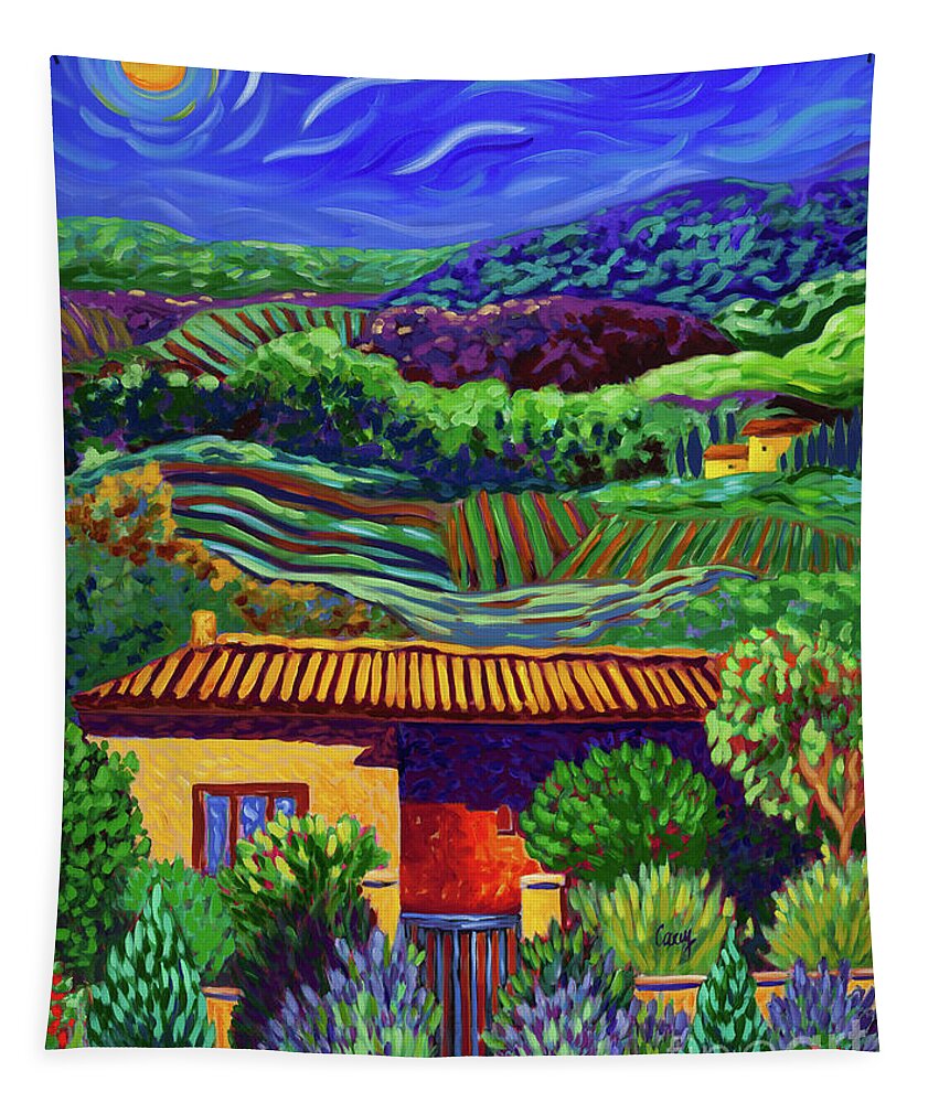 Night Scene Tapestry featuring the painting Moonlit night in Tuscany by Cathy Carey