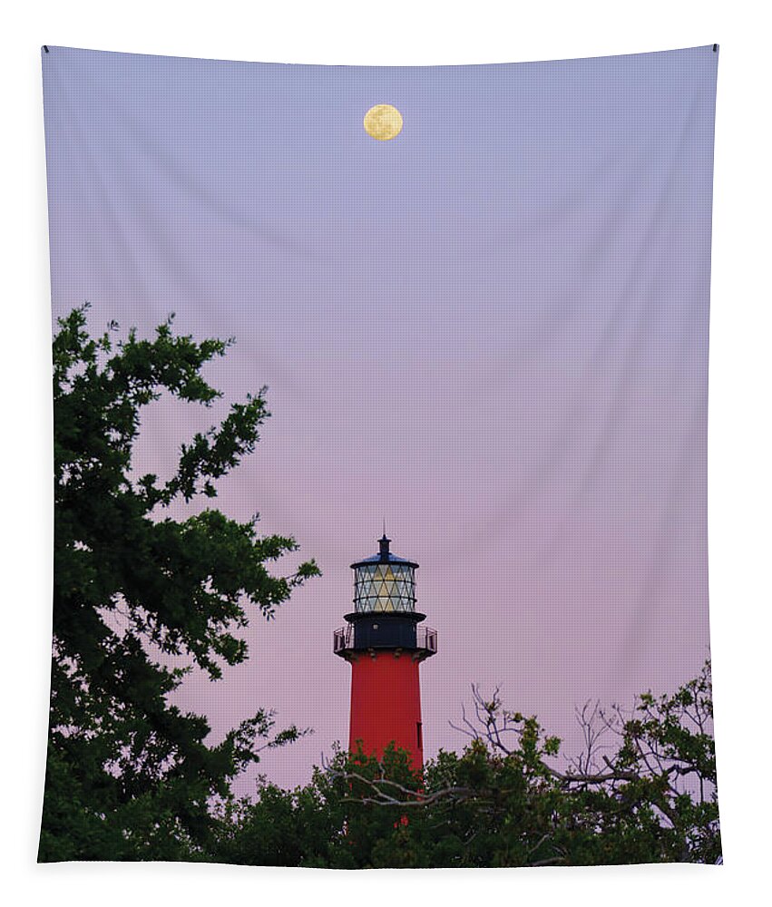 Jupiter Lighthouse Tapestry featuring the photograph Moonrise at Jupiter Lighthouse A Captivating View of Nature by Kim Seng