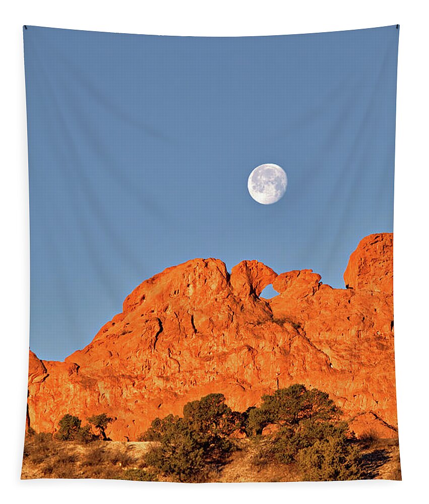 Moon Tapestry featuring the photograph Moonset over Kissing Camels by Bob Falcone