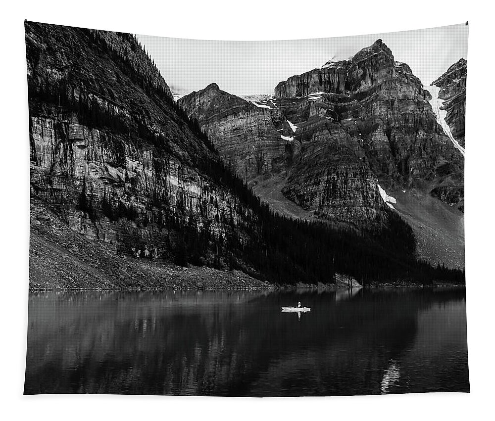 Kayaking Moraine Lake Tapestry featuring the photograph Moraine Lake Kayaker Black And White by Dan Sproul