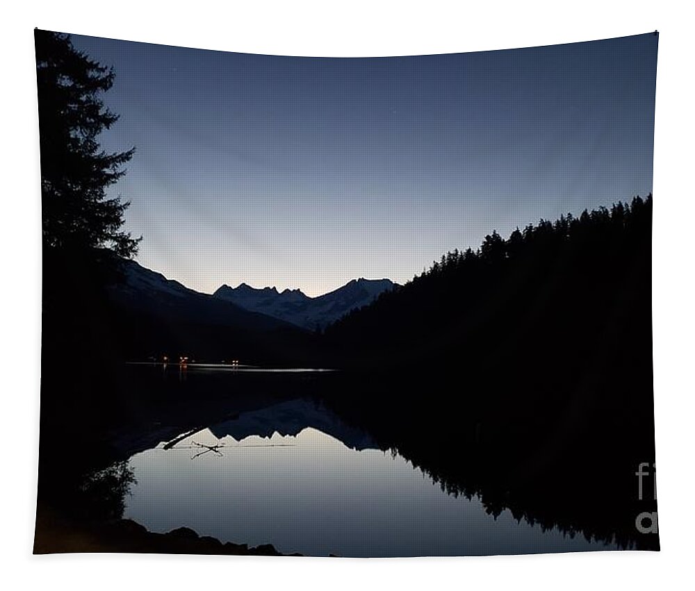 #alaska #ak #juneau #cruise #tours #vacation #peaceful #sealaska #southeastalaska #calm #reflection #mendenhalltowers #aukelake #mendenhalllake #capitalcity #clearskies #clearblueskies #blueskies #midnight #sunrise #mtmcginnis #spring Tapestry featuring the photograph Morning Lake Reflection by Charles Vice