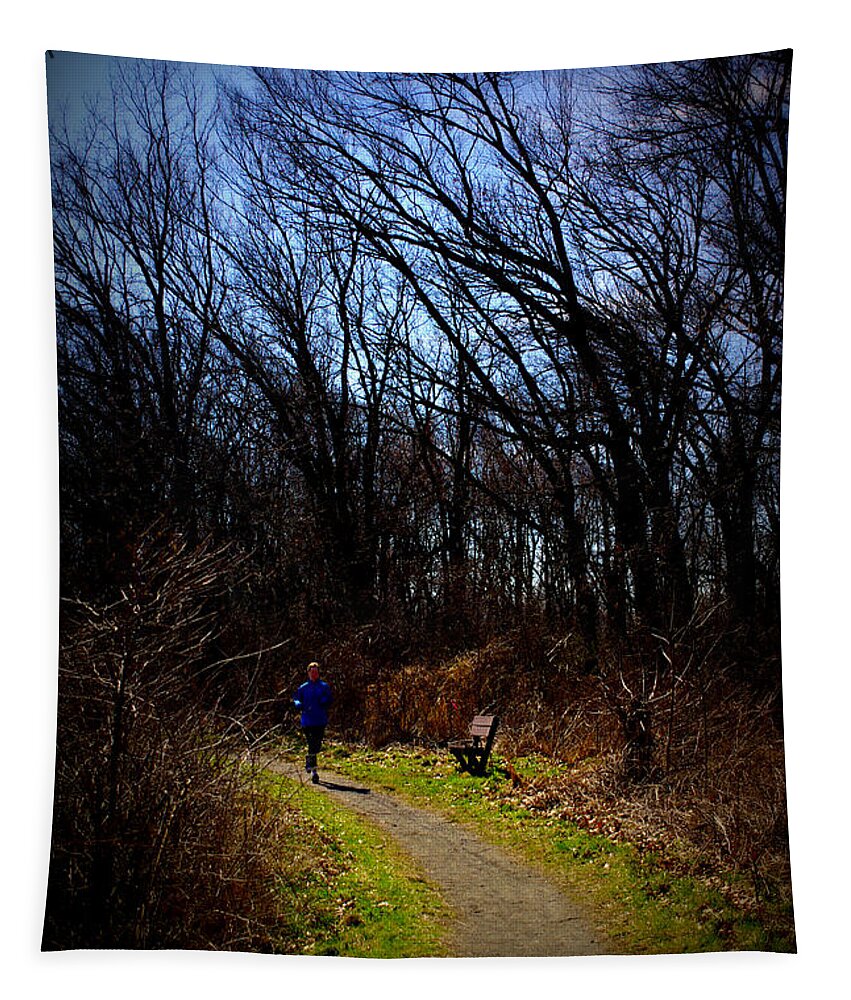 Street Photography Tapestry featuring the photograph Morning Run on the Trails by Frank J Casella