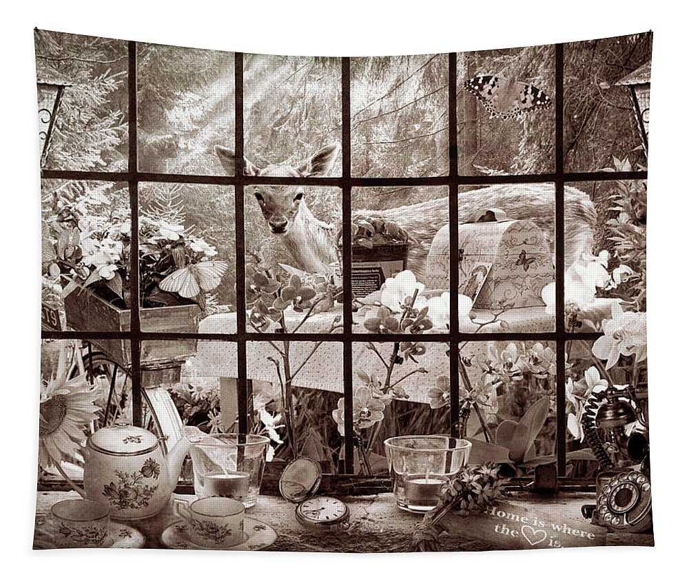 Spring Tapestry featuring the photograph Morning Visitor in Vintage Sepia by Debra and Dave Vanderlaan