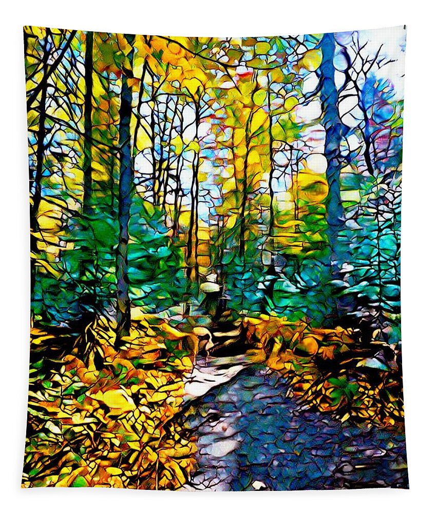 Woods Tapestry featuring the digital art Mosaic Landscape Forest Design 283 by Lucie Dumas