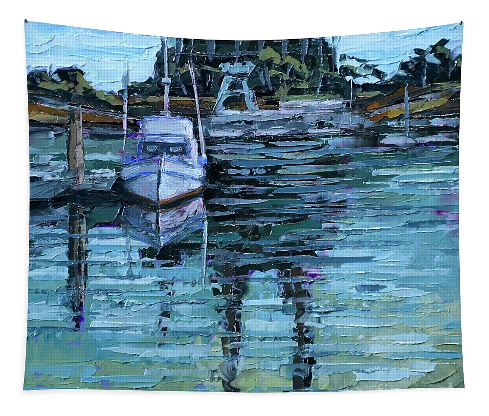 Monterey Tapestry featuring the painting Moss Landing Boatyard by PJ Kirk