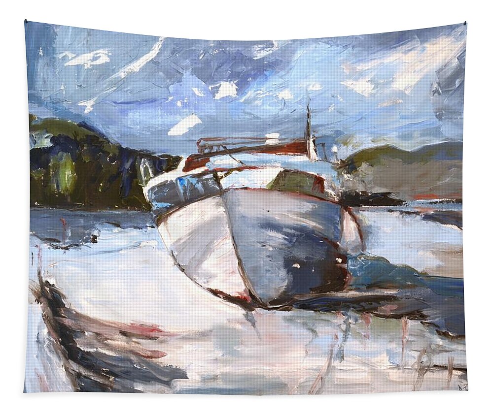 Boat Tapestry featuring the painting Motorboating Painting by Donna Tuten