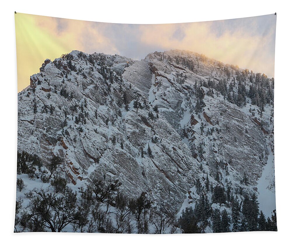 Utah Tapestry featuring the photograph Mount Olympus Cliffs Winter Sunset - Salt Lake City, Utah by Brett Pelletier