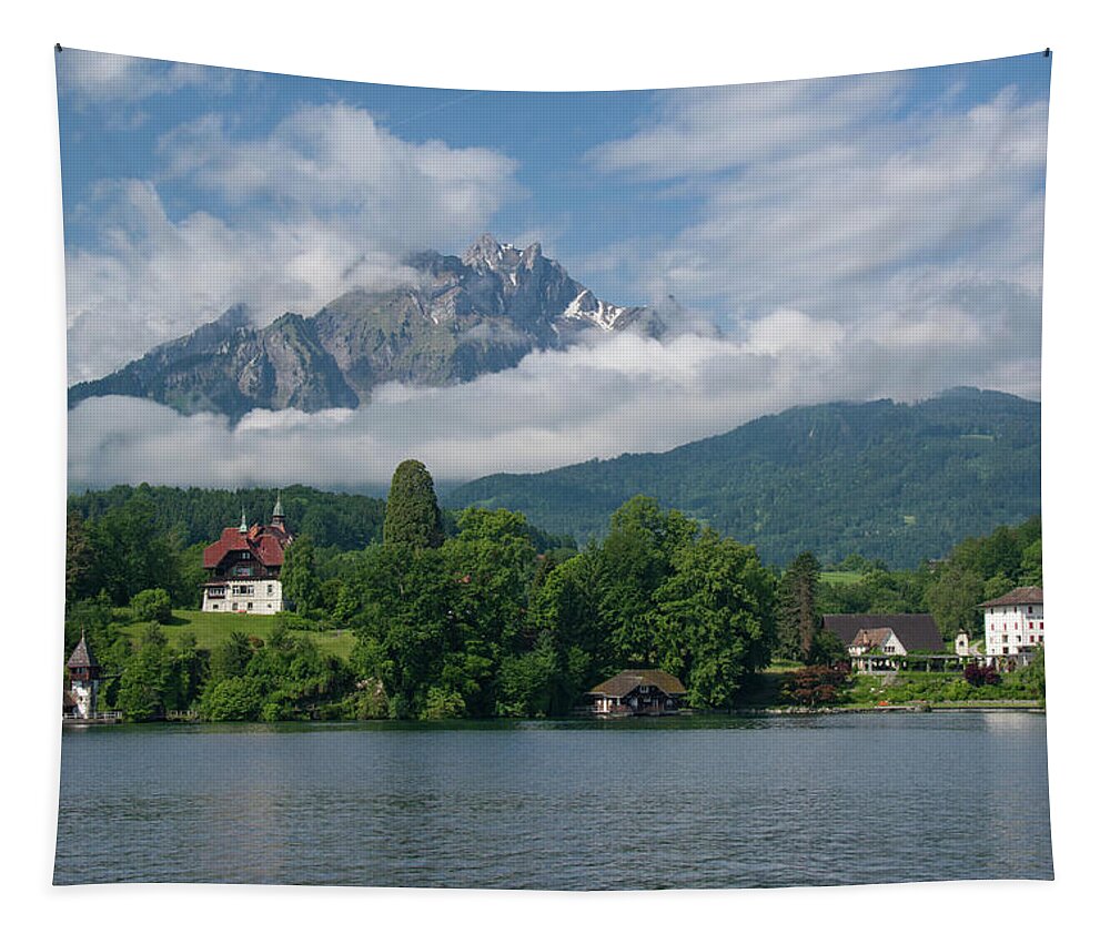Mount Pilatus Tapestry featuring the photograph Mount Pilatus with Low Clouds by Matthew DeGrushe