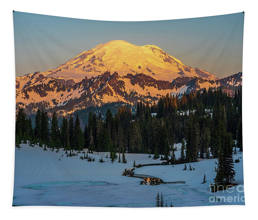 Mount Rainier Tapestry featuring the photograph Mount Rainier Photography Morning Glow by Mike Reid