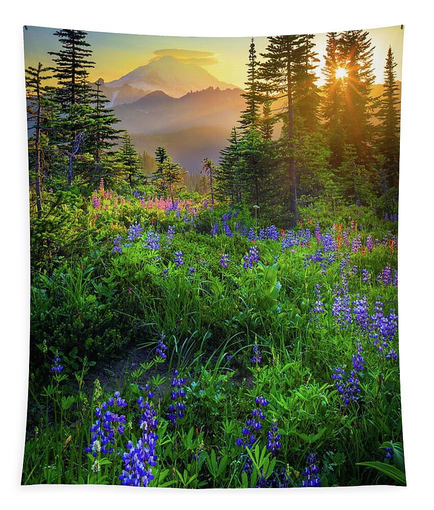 America Tapestry featuring the photograph Mount Rainier Sunburst by Inge Johnsson