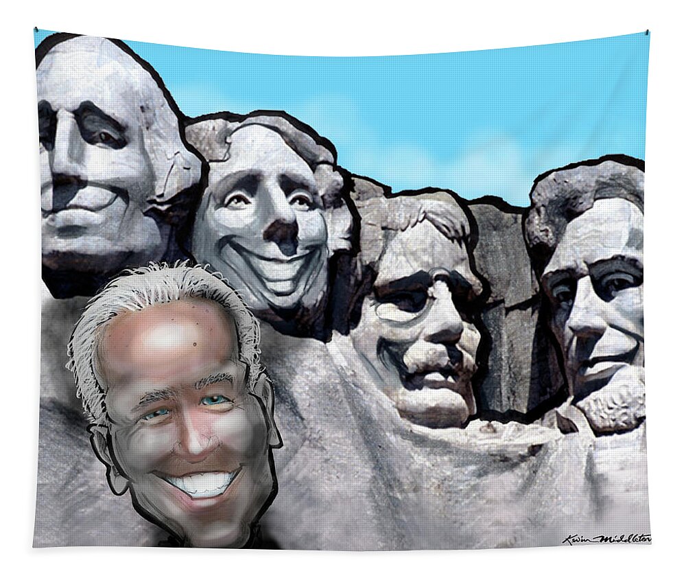 Mount Rushmore Tapestry featuring the digital art Mount Rushmore w Biden by Kevin Middleton