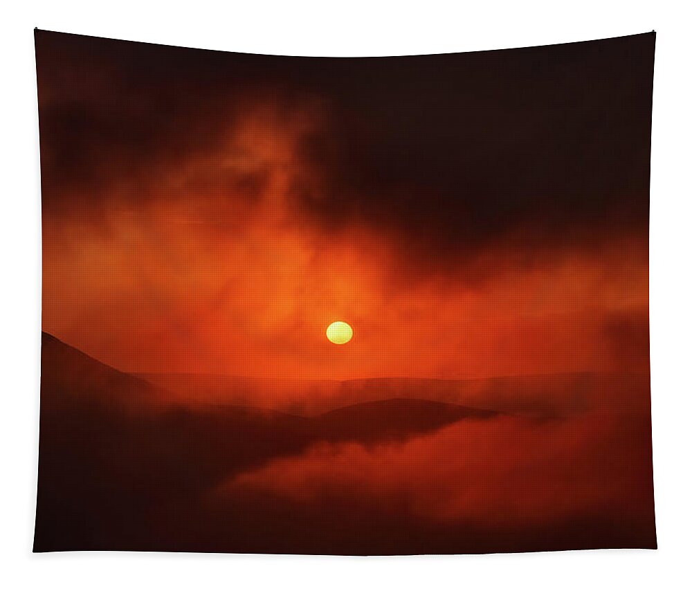 Mountain Tapestry featuring the photograph Mountain dramatic sunset in clouds by Mikhail Kokhanchikov