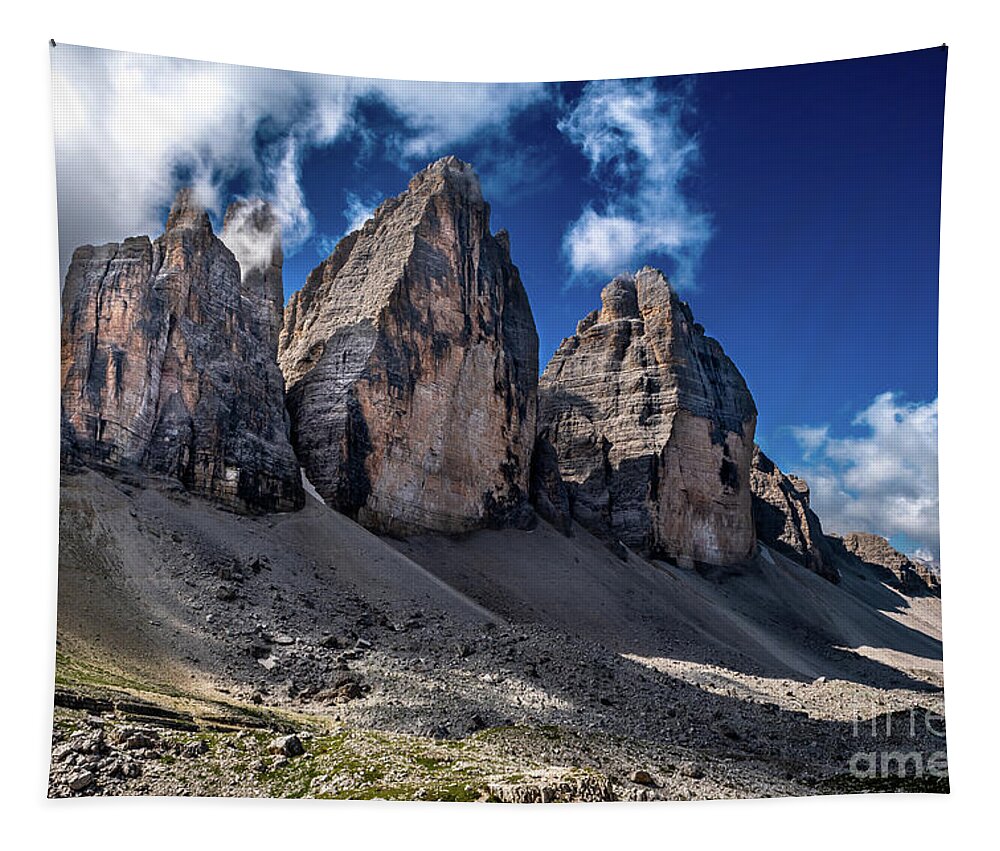 Alpine Tapestry featuring the photograph Mountain Formation Tre Cime Di Lavaredo In The Dolomites Of South Tirol In Italy by Andreas Berthold