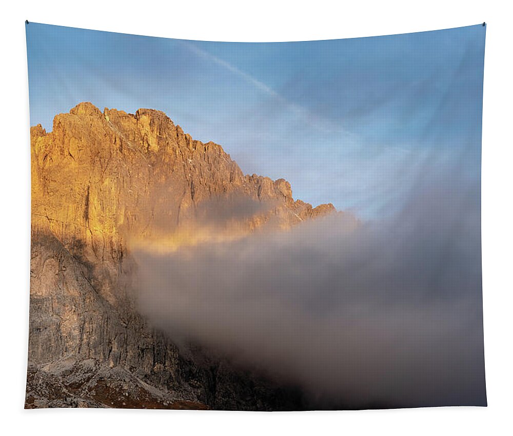 Passo Sella Tapestry featuring the photograph Mountain peaks during sunrise. Dolomit, Italy by Michalakis Ppalis