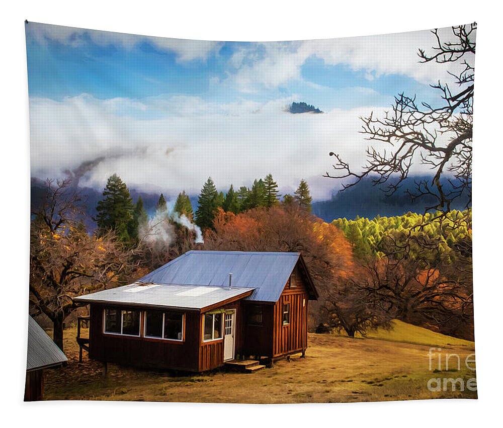 Smoke Tapestry featuring the digital art Mountain Valley Cabin by Susan Vineyard