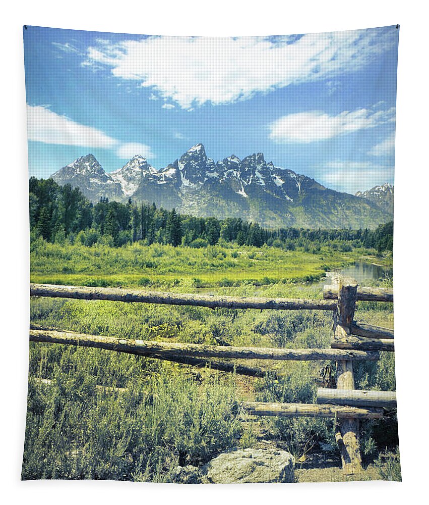 Grand Tetons Tapestry featuring the photograph Mountians and Fence by Jill Battaglia