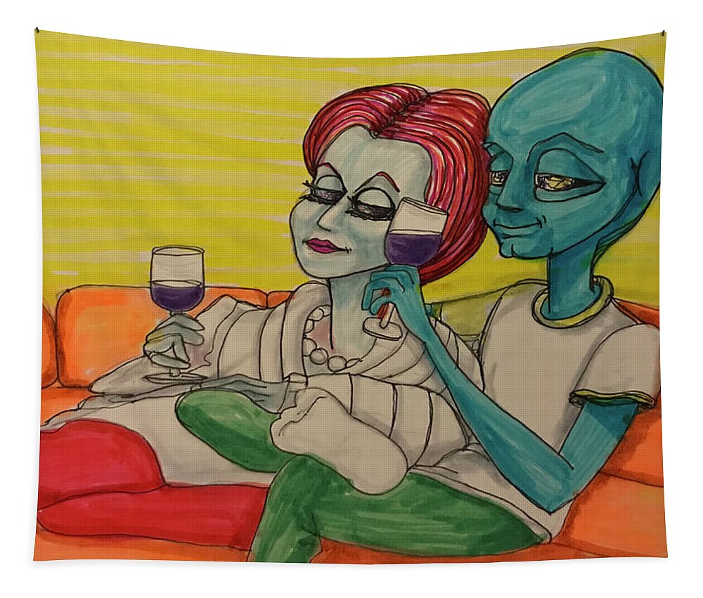 Date Night Tapestry featuring the drawing Movie Night by Similar Alien