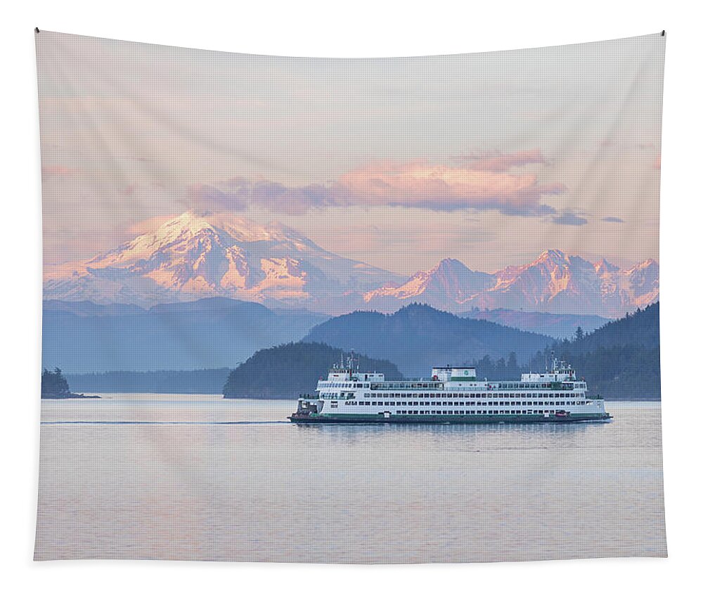 Mount Baker Tapestry featuring the photograph Mt. Baker Ferry Sunset by Michael Rauwolf