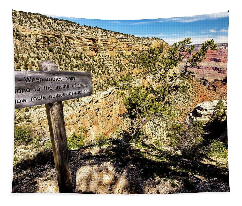 Canyon Tapestry featuring the photograph Mule train sign on Bright Angel Trail by Craig A Walker