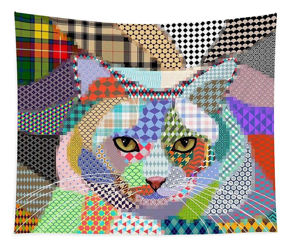 Cat Tapestry featuring the digital art Multicolor Cat 678 Patterns by Lucie Dumas